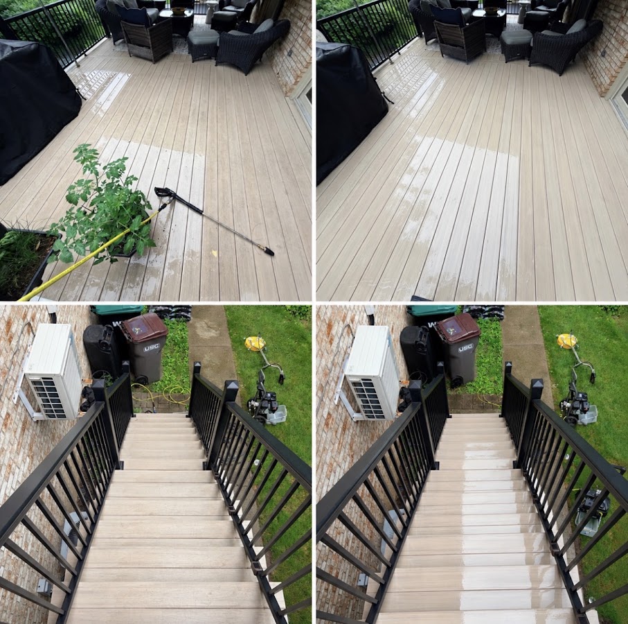 Before and after photos of a wood deck and stairs cleaned by Cortes & McKenzie